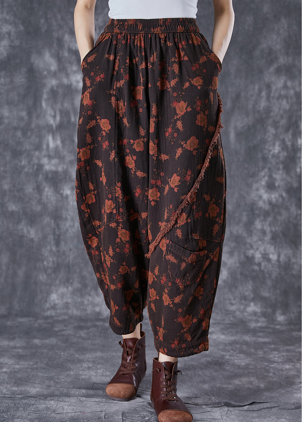 Black Patchwork Linen Harem Pants Oversized Print Summer