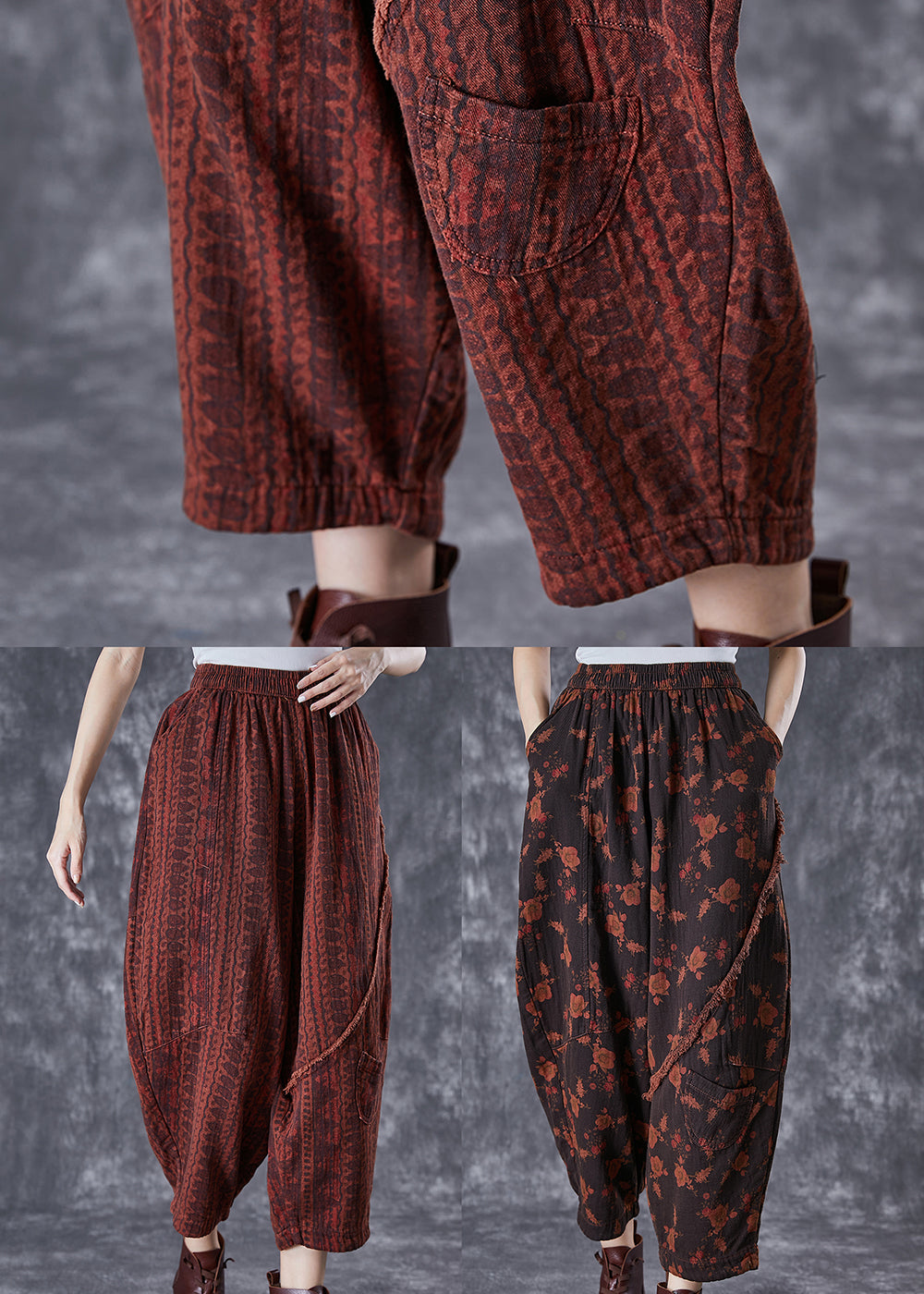 Black Patchwork Linen Harem Pants Oversized Print Summer