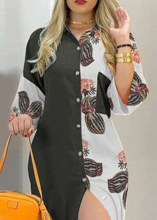 Black Patchwork Print Chiffon Shirts Dress Button Spring