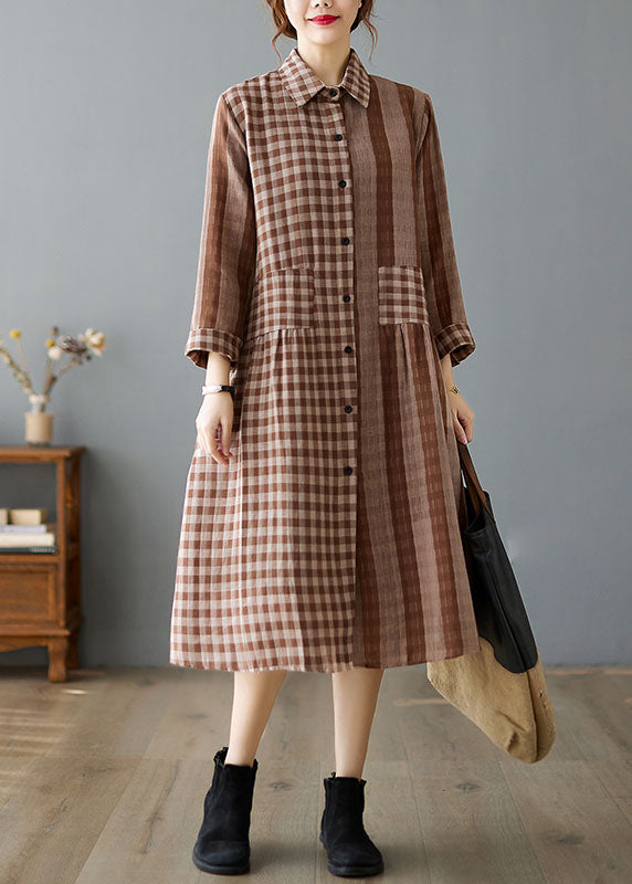 Black Plaid Button Cotton Dress Asymmetrical Spring