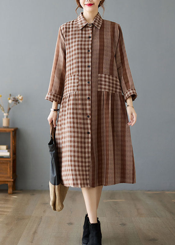 Black Plaid Button Cotton Dress Asymmetrical Spring