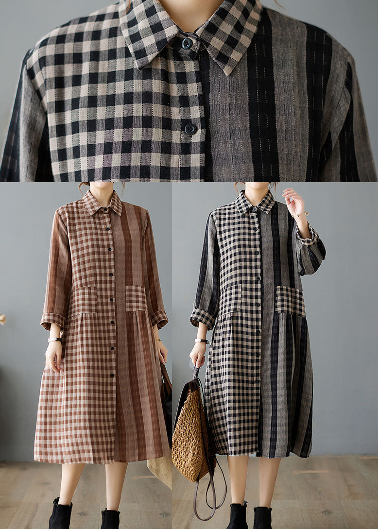 Black Plaid Button Cotton Dress Asymmetrical Spring