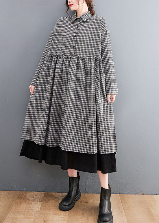 Black Plaid Button side open Cotton Dresses shirts Spring