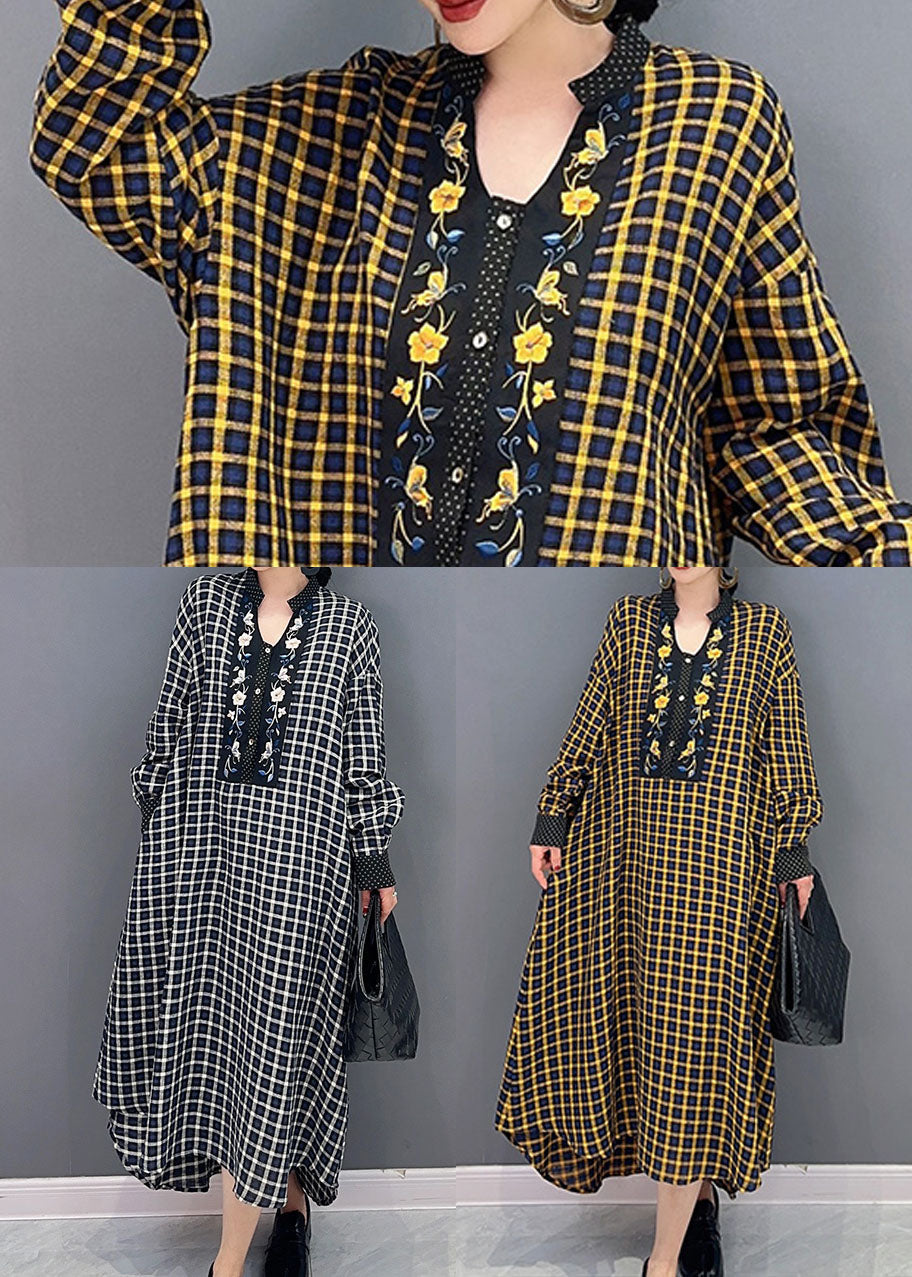 Black Plaid Cotton Robe Dresses Stand Collar Oversized Spring