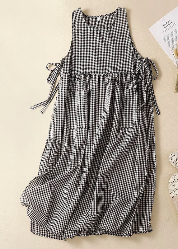 Black Plaid Linen Party Dress O-Neck Lace Up Wrinkled Sleeveless