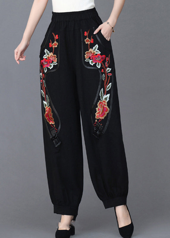 Black Pockets Elastic Waist Linen Pants Fall