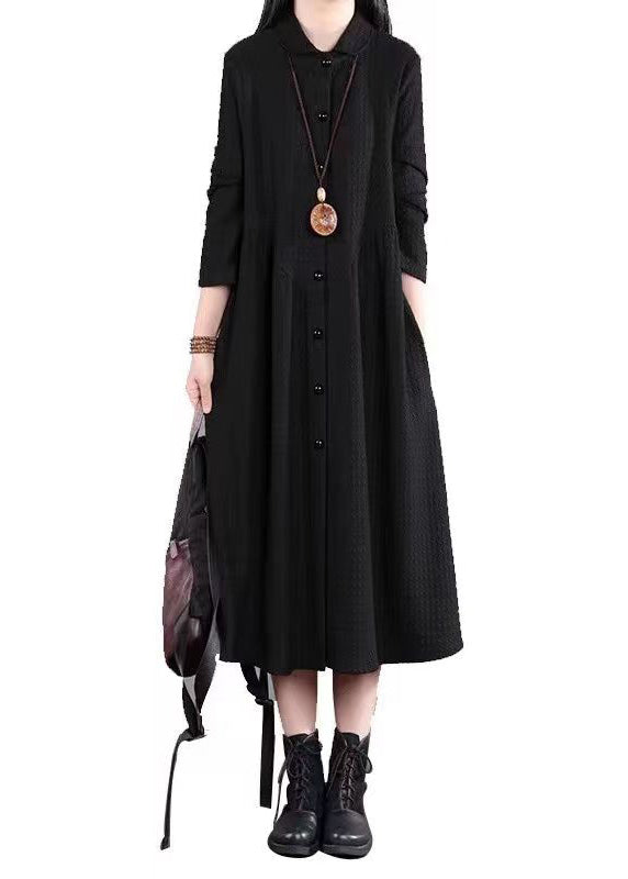 Black Pockets Patchwork Cotton Shirts Dress Peter Pan Collar Fall