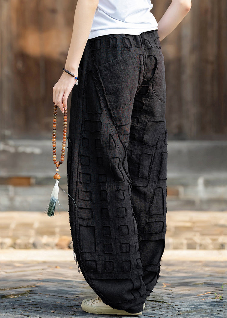 Black Pockets Patchwork Linen Lantern Pants Elastic Waist Spring