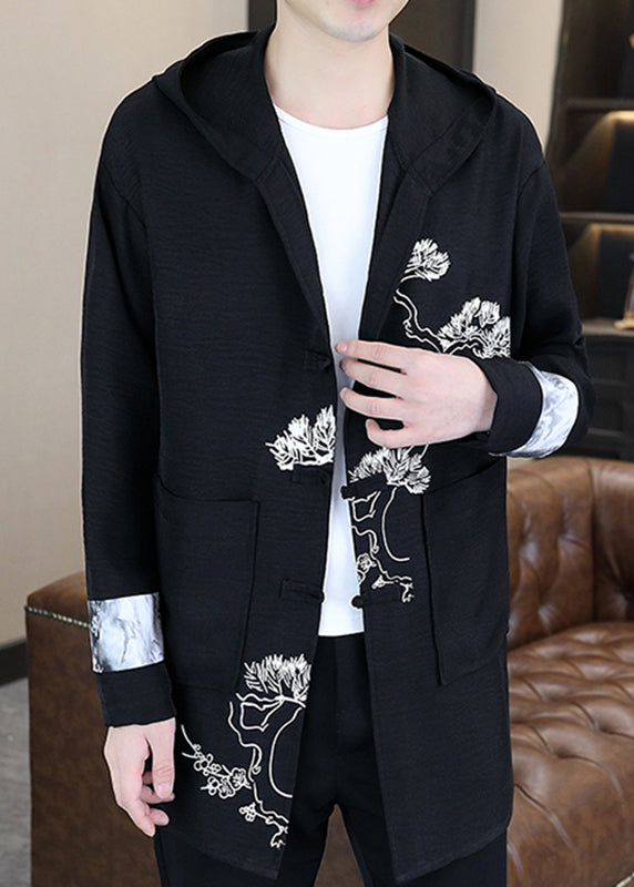 Black Print Button Men Hooded Coat Long Sleeve