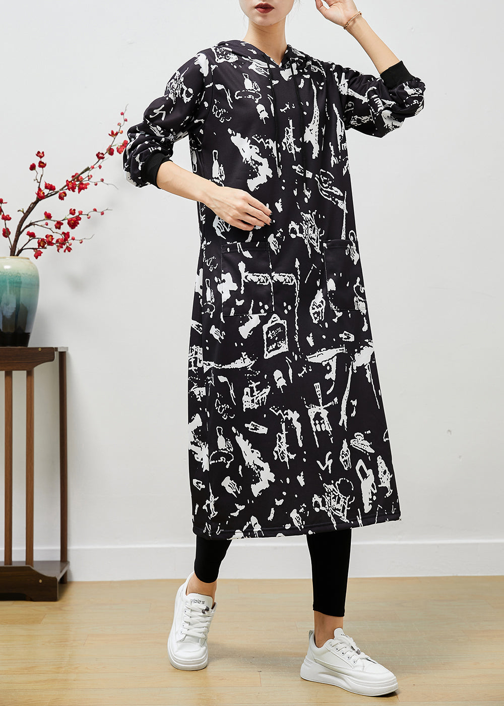 Black Print Cotton Sweatshirt Dress Hooded Pockets Fall