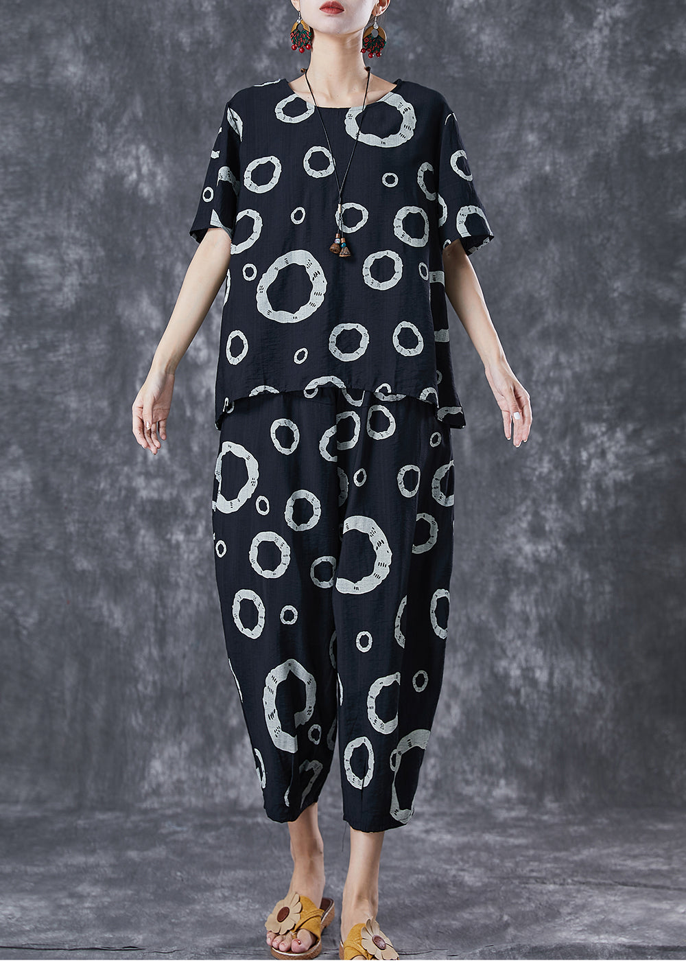 Black Print Cotton Tops And Pants Two Pieces Set Oversized Summer