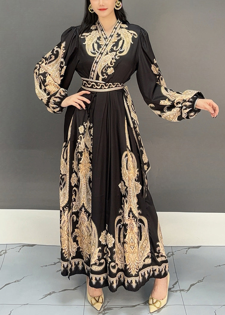 Black Print High Waist Fall Maxi Dresses V Neck