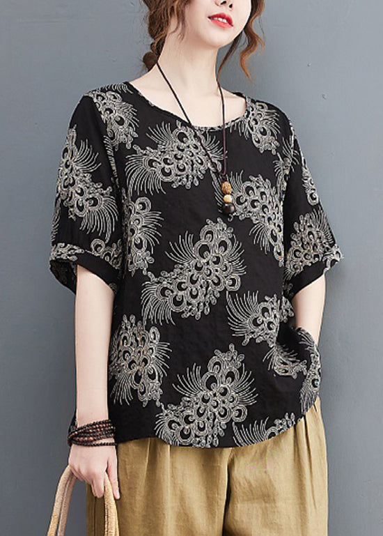 Black Print Loose Cotton Shirt Tops Short Sleeve