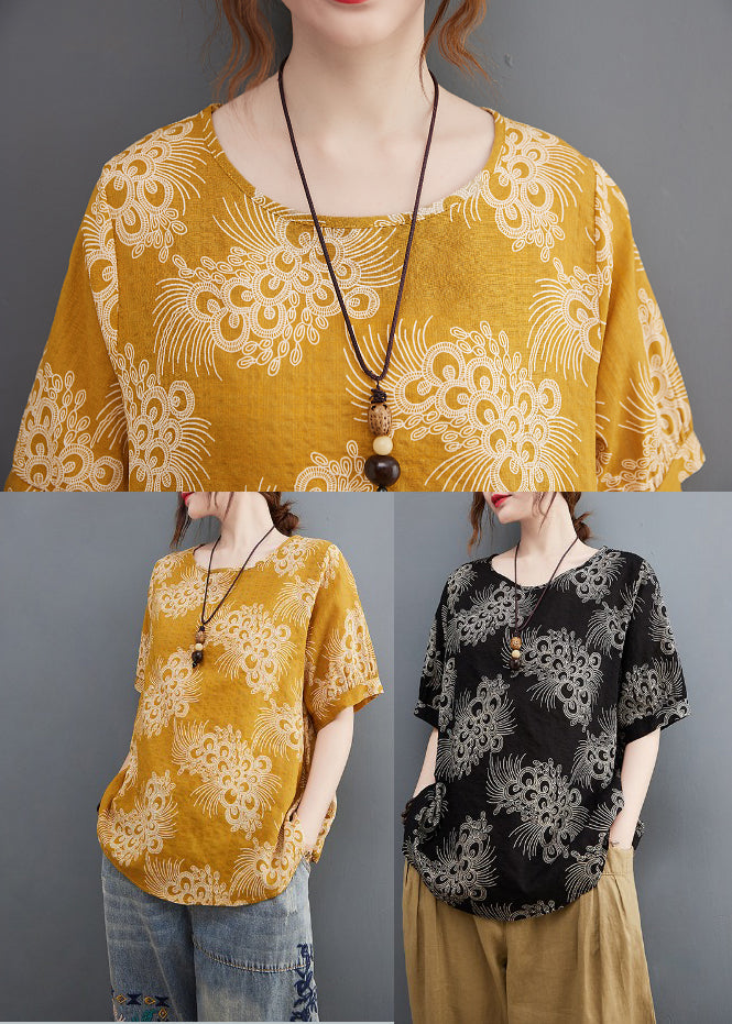 Black Print Loose Cotton Shirt Tops Short Sleeve