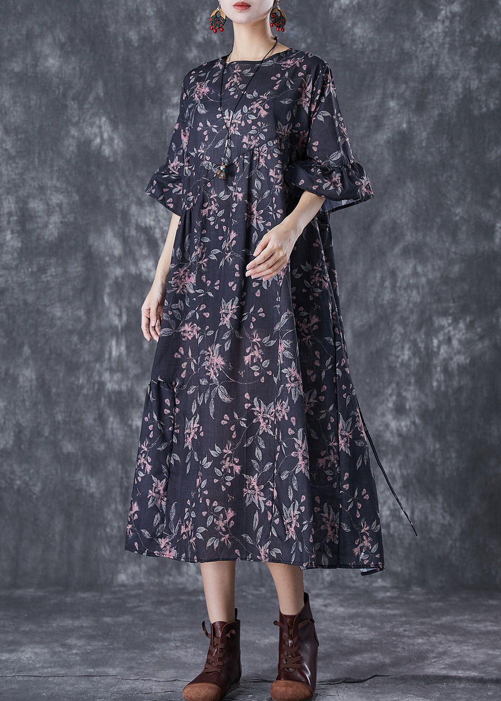 Black Print Patchwork Cotton Dresses Oversized Butterfly Sleeve