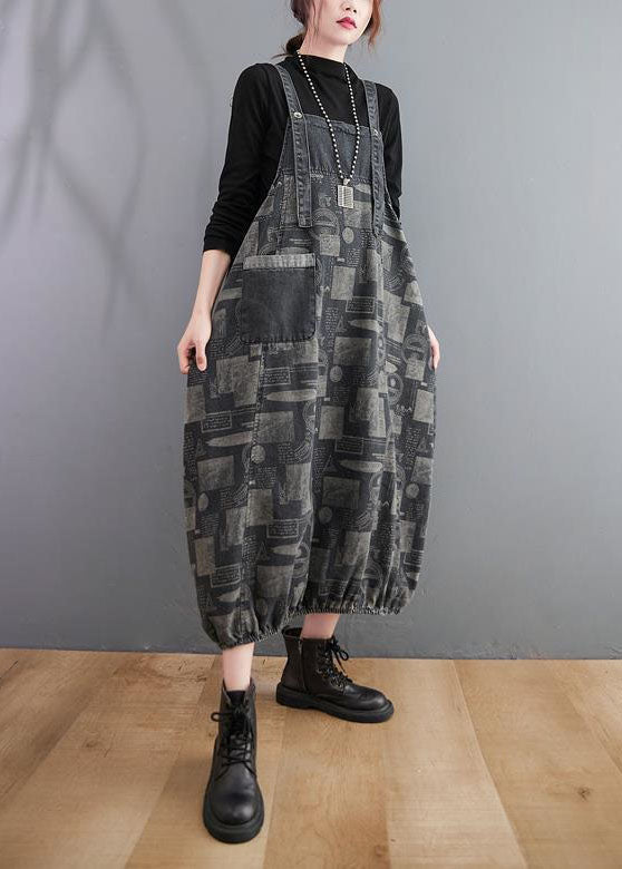 Black Print Patchwork Denim Spaghetti Strap Dress Spring