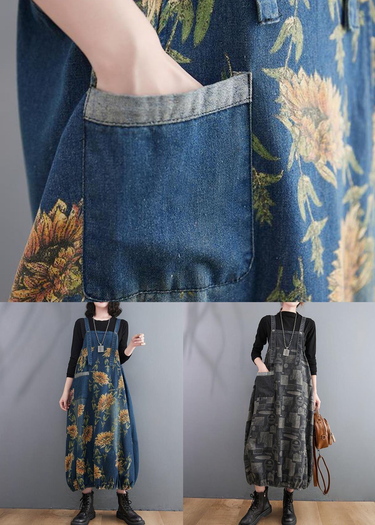 Black Print Patchwork Denim Spaghetti Strap Dress Spring