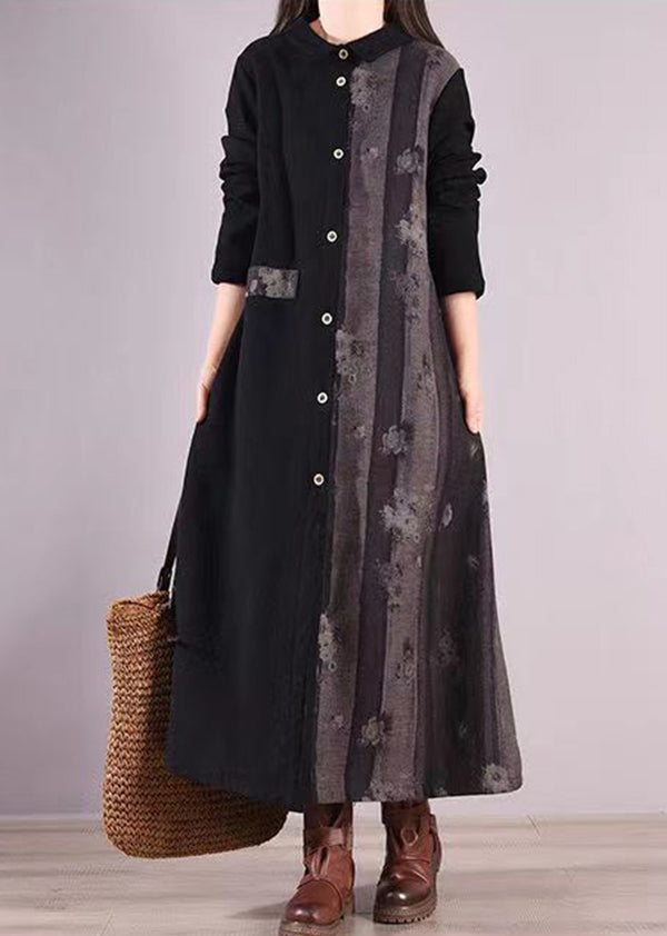 Black Print Patchwork Warm Fleece Shirts Dresses Peter Pan Collar Fall