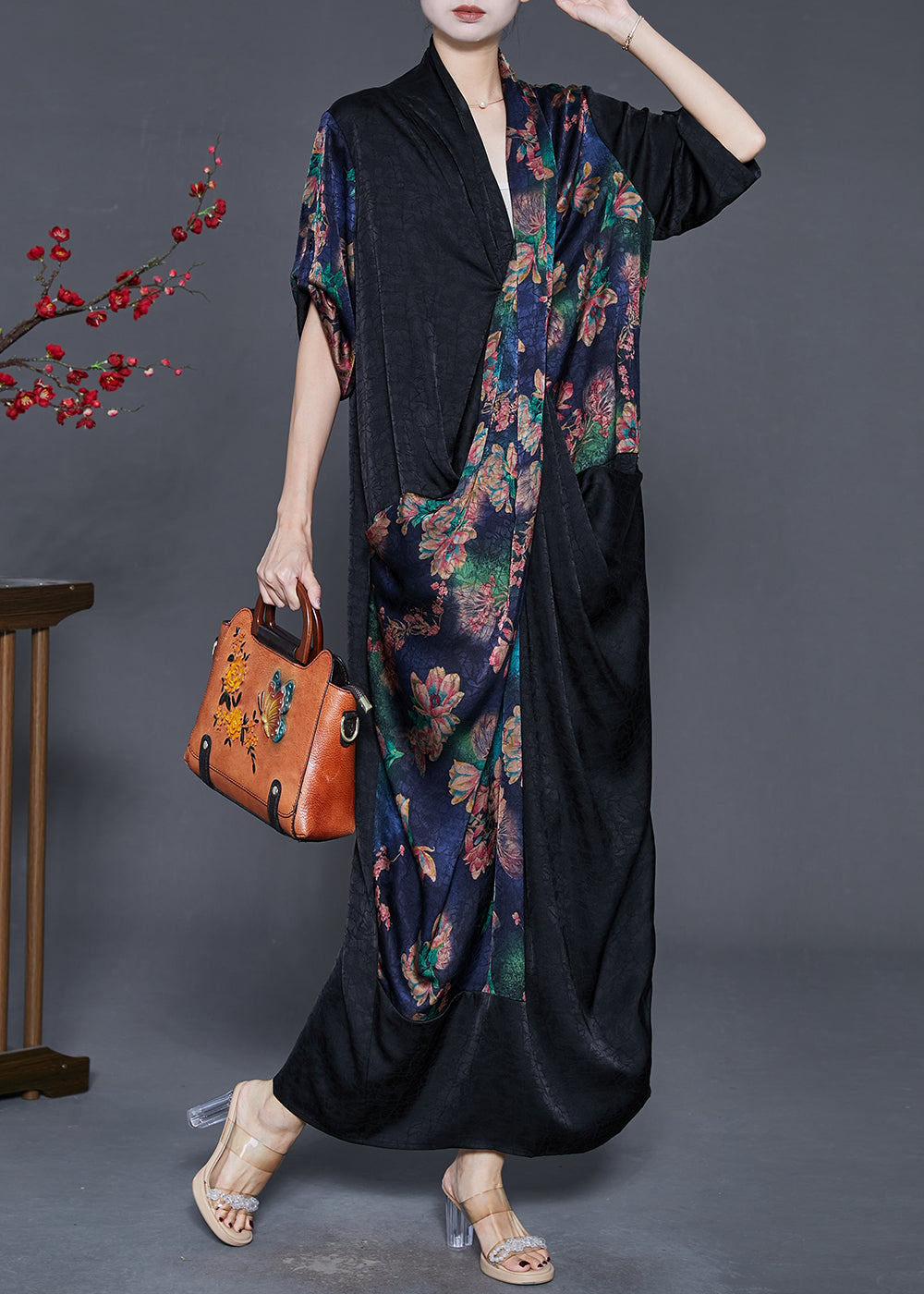 Black Print Silk Maxi Dress Asymmetrical Spring