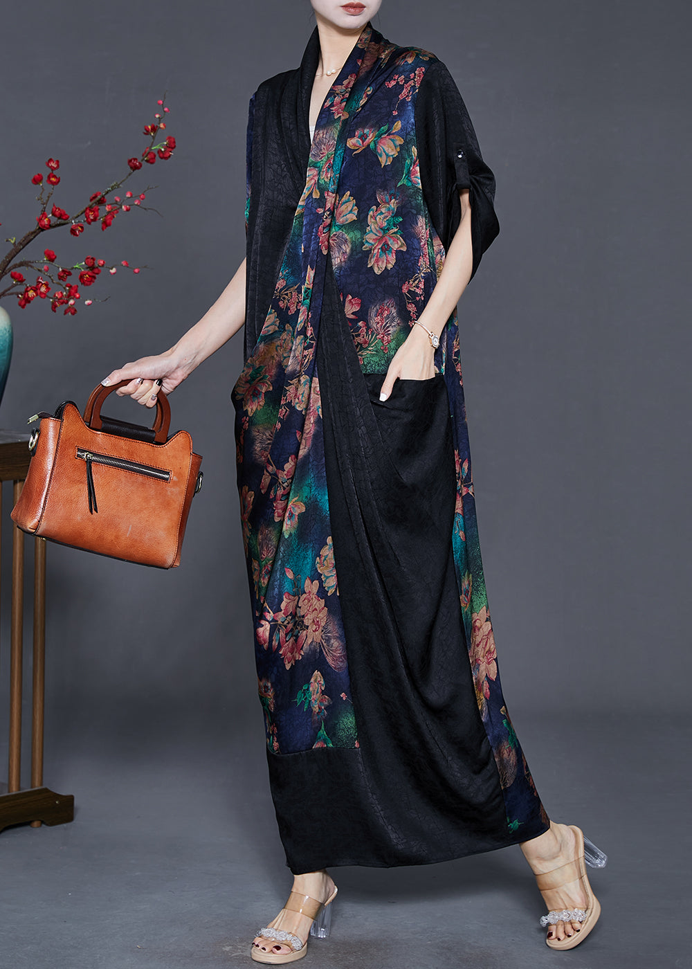 Black Print Silk Maxi Dress Asymmetrical Spring