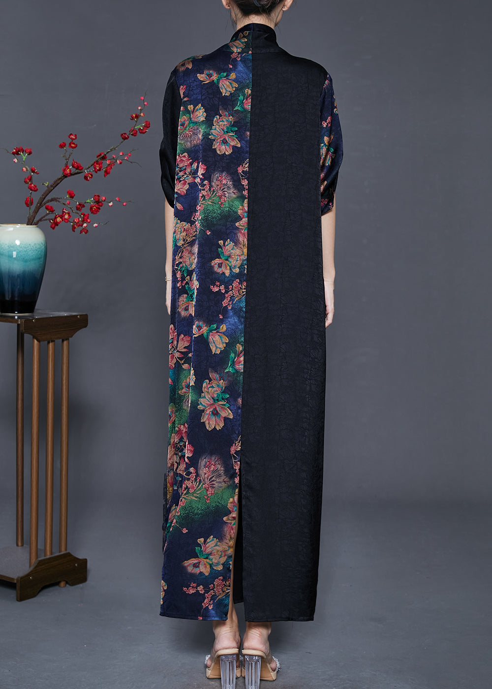 Black Print Silk Maxi Dress Asymmetrical Spring