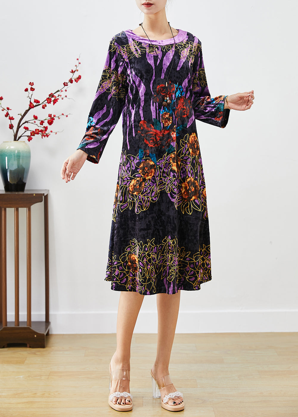 Black Print Silk Velour Mid Dress O-Neck Fall