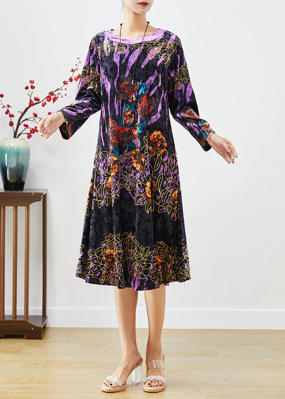 Black Print Silk Velour Mid Dress O-Neck Fall