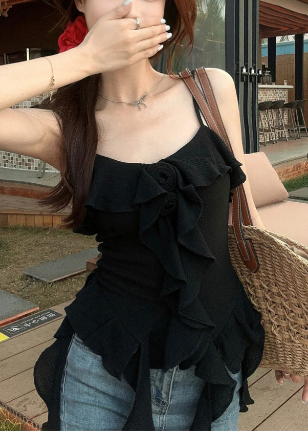 Black Ruffled Cotton Spaghetti Strap Tank Asymmetrical Summer