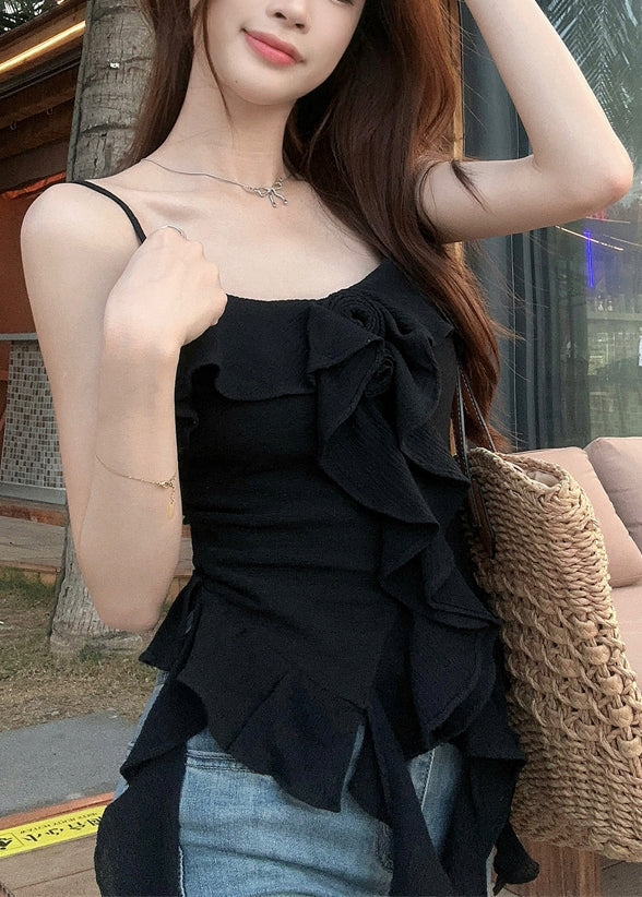 Black Ruffled Cotton Spaghetti Strap Tank Asymmetrical Summer