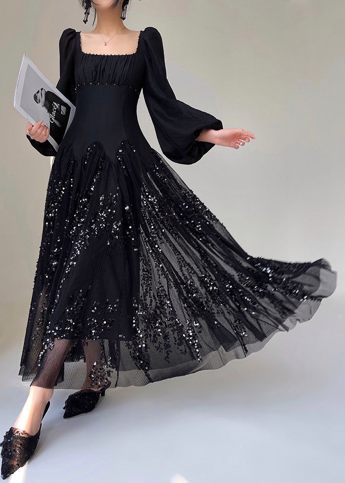 Black Sequins Silk Long Dresses Square Collar Lantern Sleeve