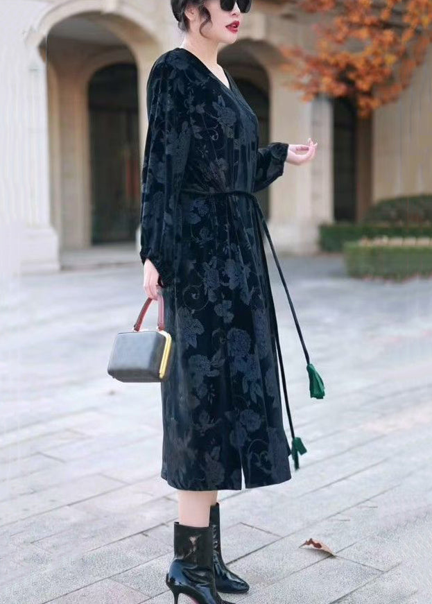 Black Side Open Silk Velvet Long Dress V Neck Winter