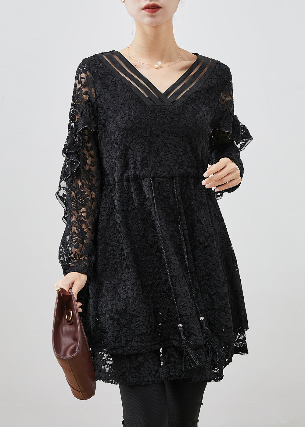 Black Silm Fit Lace A Line Dress Tie Waist Fall