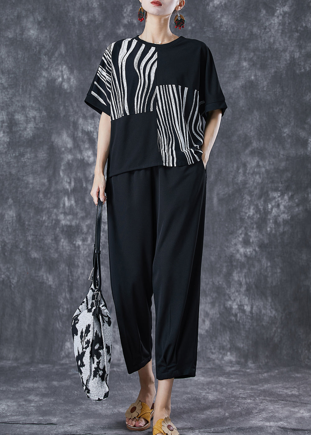 Black Striped Cotton Two Pieces Set Asymmetrical Summer