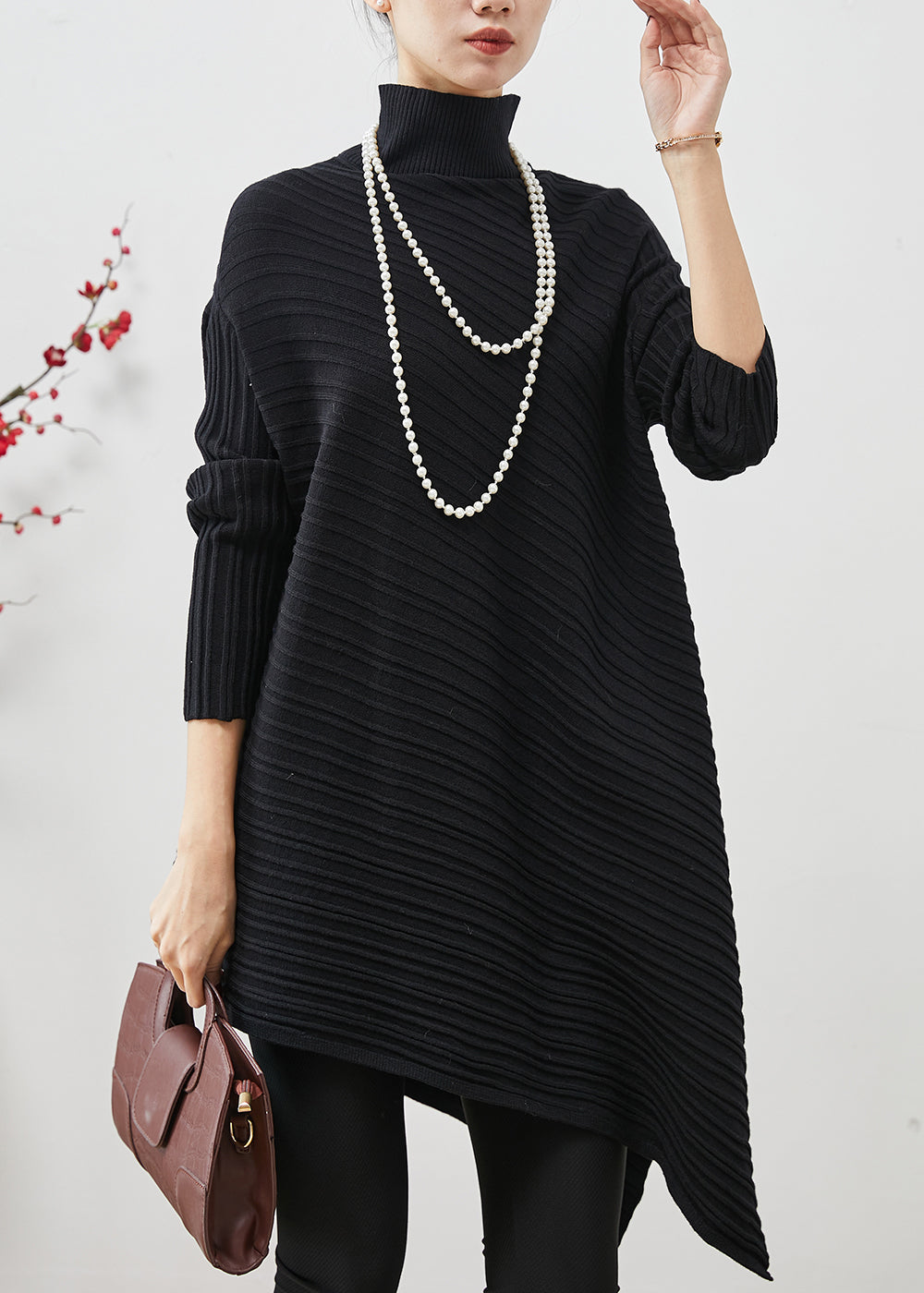 Black Striped Knit Tops High Neck Asymmetrical Spring