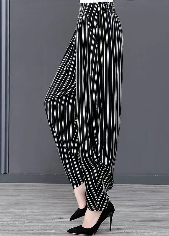 Black Striped Pockets Patchwork Chiffon Harem Pants Summer