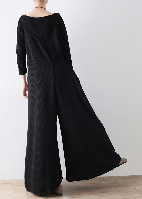 Black Striped Tie Waist Wide Leg Jumpsuits Fall