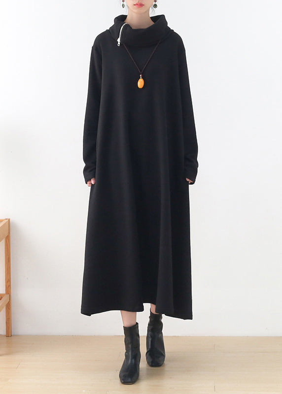 Black Turtleneck Pockets Cotton Maxi Dress Long Sleeve