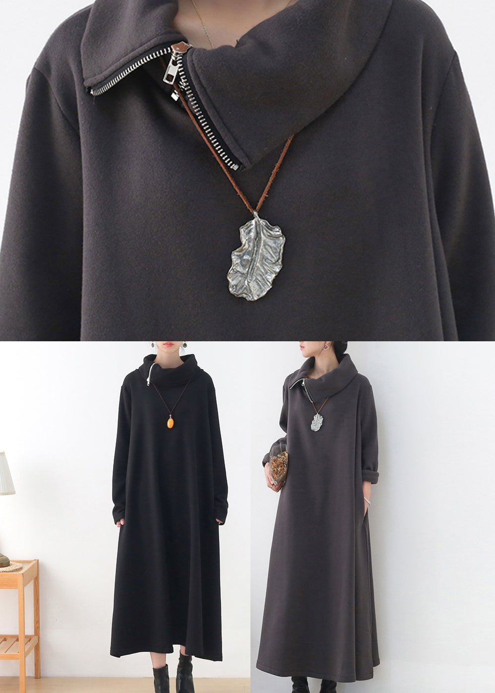 Black Turtleneck Pockets Cotton Maxi Dress Long Sleeve