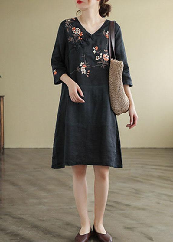 Black V Neck Embroideried  Button Three Quarter Sleeve Fall Dresses