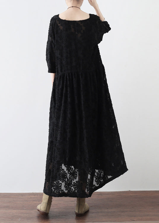 Black V Neck Tie Waist Chiffon Maxi Dresses Long Sleeve