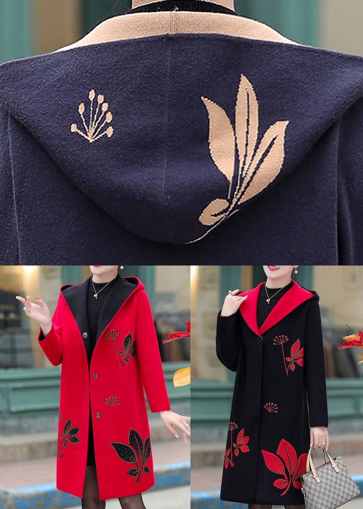 Black Women Woolen Hoodies Outwear Jacquard Spring