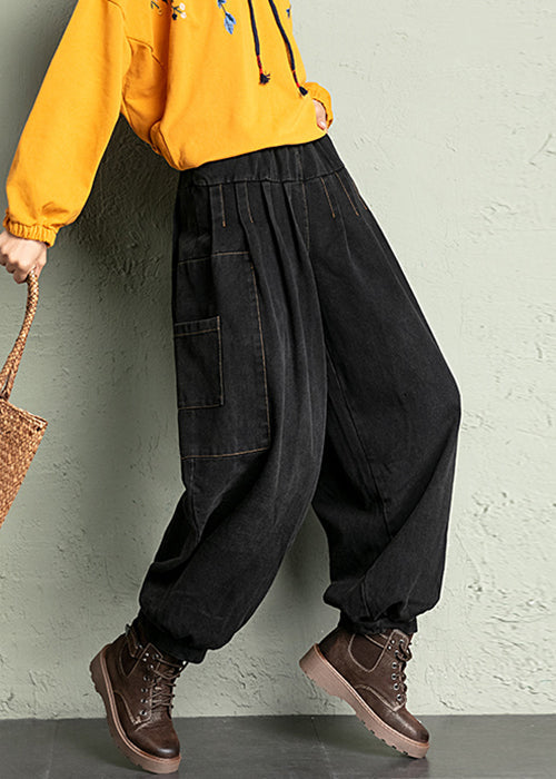 Black Wrinkled Loose Denim Lantern Pants High Waist Spring