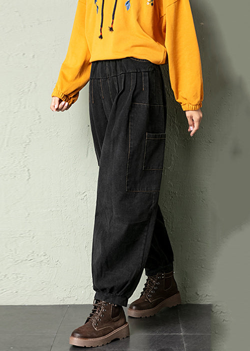 Black Wrinkled Loose Denim Lantern Pants High Waist Spring