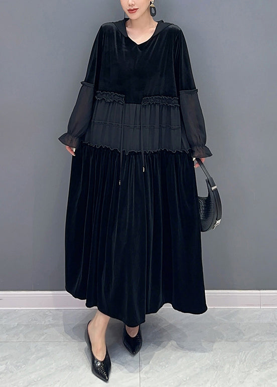 Black Wrinkled Patchwork Velour Long Dress Hooded Long Sleeve