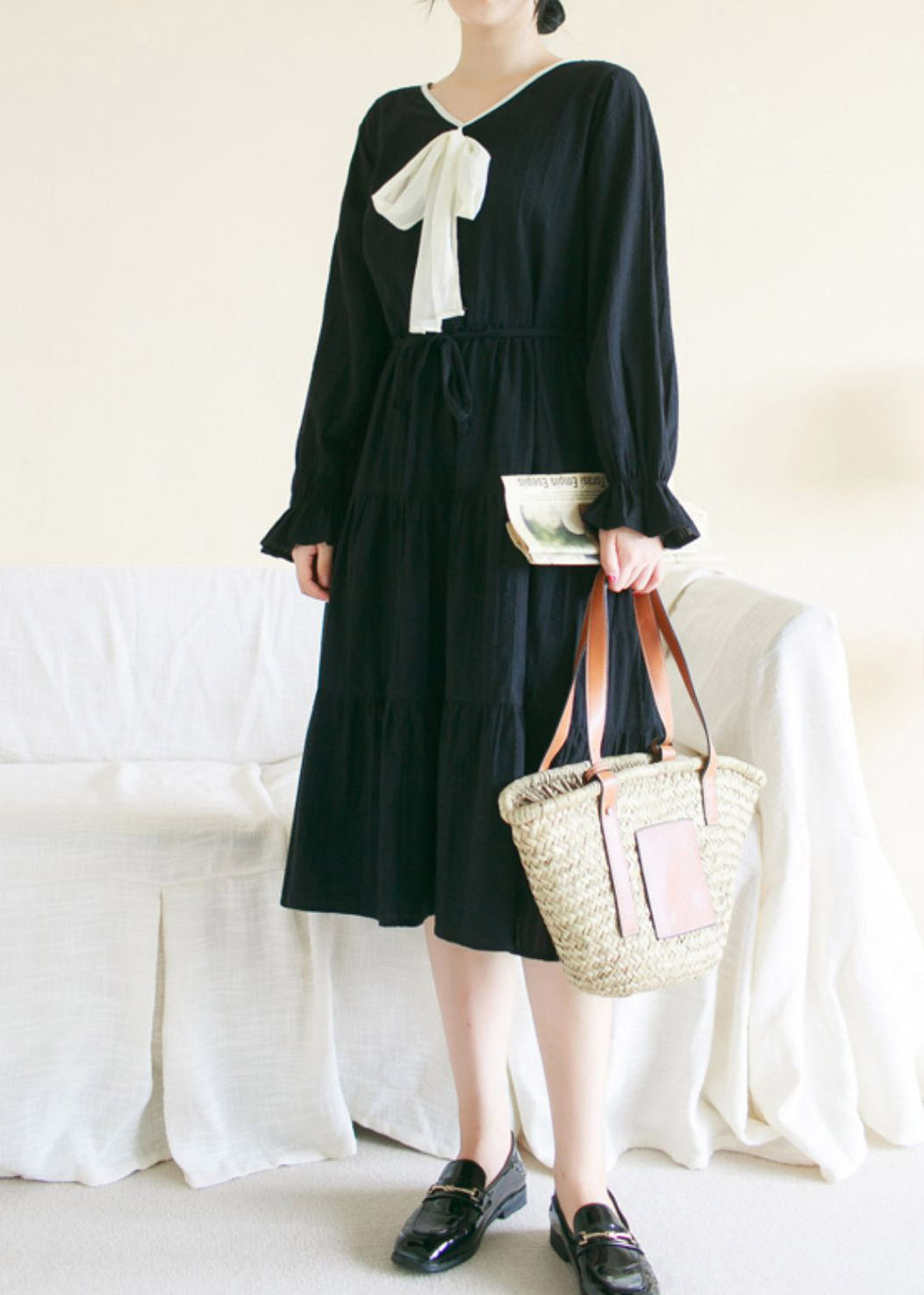 Black Wrinkled Solid Cotton Long Dress Long Sleeve