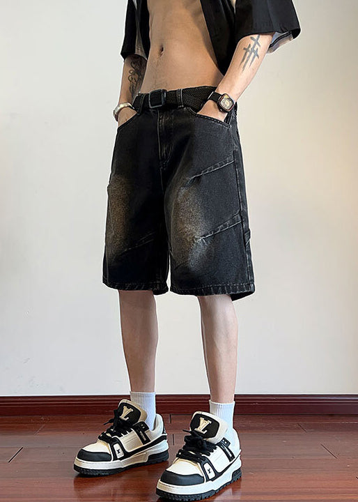 Black Zippered Button Denim Men Shorts High Waist