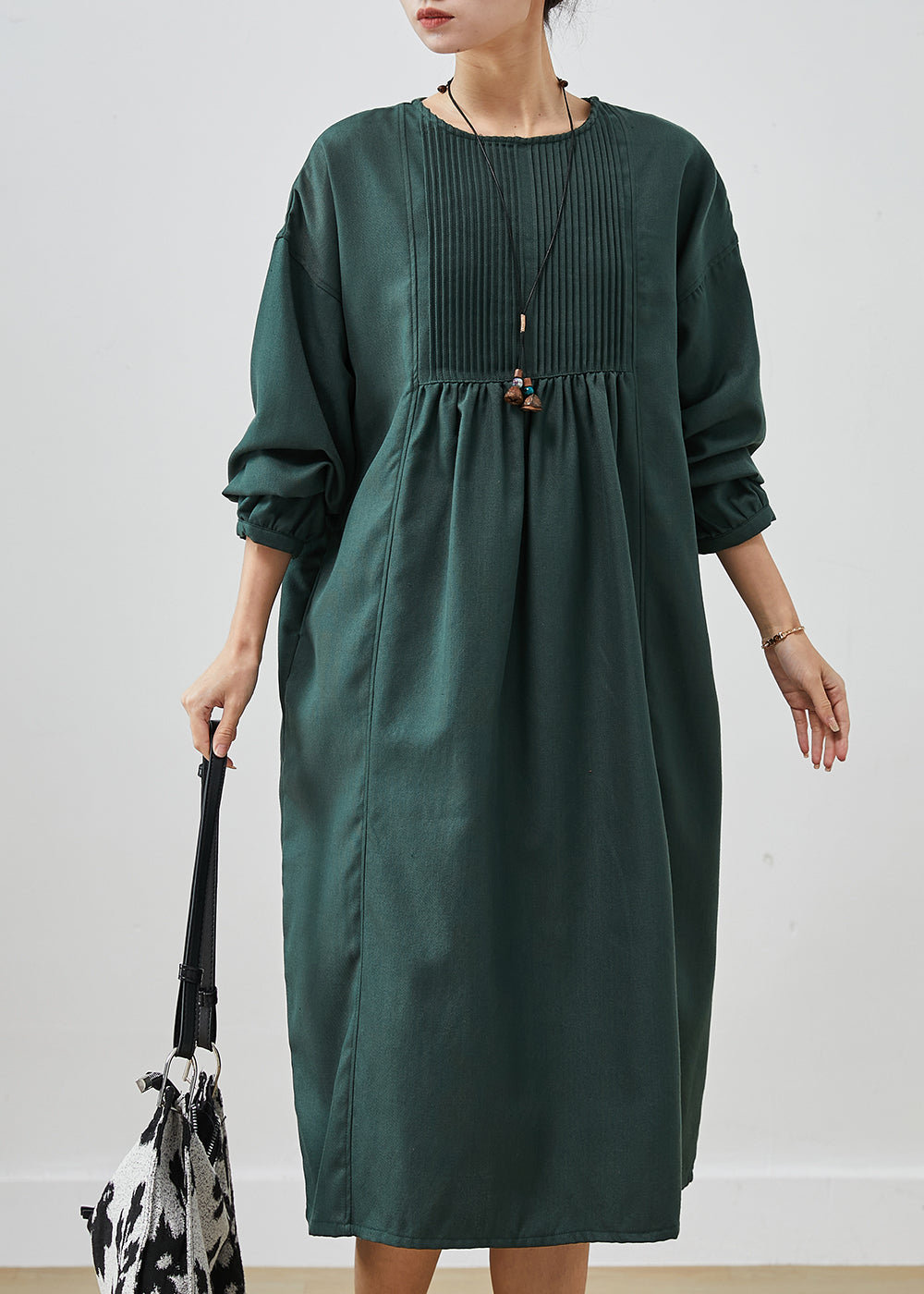 Blackish Green Cotton Holiday Dresses Oversized Wrinkled Spring