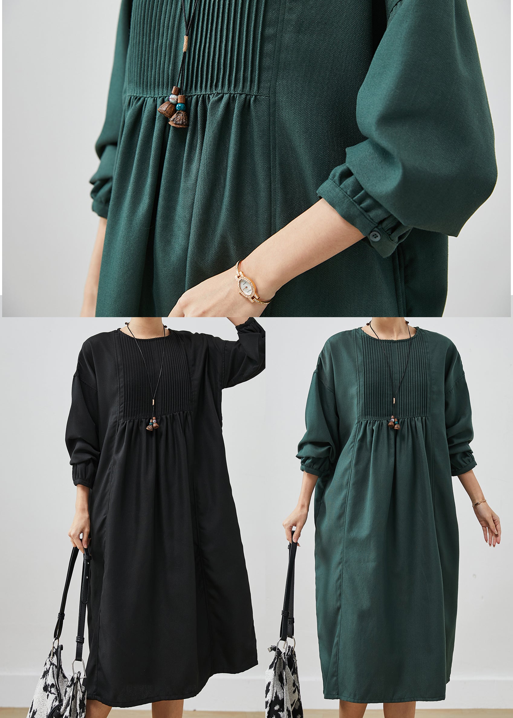 Blackish Green Cotton Holiday Dresses Oversized Wrinkled Spring