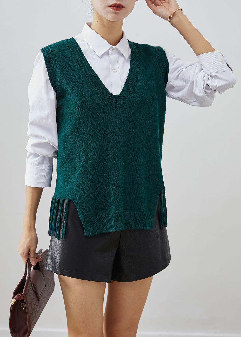 Blackish Green Knit Vest Tops Tasseled Fall