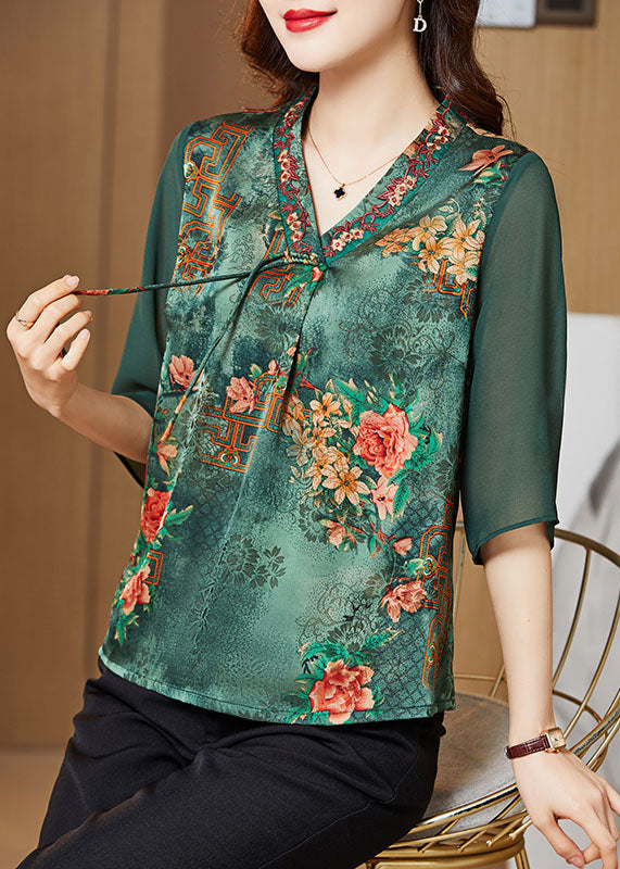 Blackish Green Print Silk Slim Fit Shirt Top V Neck Half Sleeve